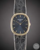 A GENTLEMAN'S 18K SOLID GOLD PATEK PHILIPPE ELLIPSE WRIST WATCH CIRCA 1980s, REF. 3848 WITH BLUE