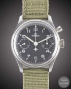 A GENTLEMAN'S STAINLESS STEEL BRITISH MILITARY LEMANIA SINGLE BUTTON ROYAL NAVY CHRONOGRAPH WRIST