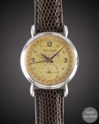 A GENTLEMAN'S STAINLESS STEEL JAEGER LECOULTRE TRIPLE CALENDAR WRIST WATCH CIRCA 1940s, WITH ROSE