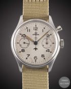 A GENTLEMAN'S STAINLESS STEEL BRITISH MILITARY LEMANIA SINGLE BUTTON ROYAL NAVY CHRONOGRAPH WRIST