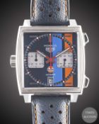 A GENTLEMAN'S STAINLESS STEEL TAG HEUER MONACO GULF AUTOMATIC CHRONOGRAPH WRIST WATCH CIRCA 2018,