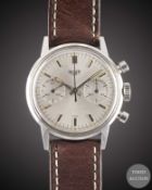 A GENTLEMAN'S STAINLESS STEEL HEUER CHRONOGRAPH WRIST WATCH CIRCA 1970, REF. 73323 WITH SILVER