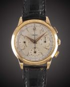 A GENTLEMAN'S LARGE SIZE 18K SOLID ROSE GOLD JAEGER CHRONOGRAPH WRIST WATCH CIRCA 1950s, WITH