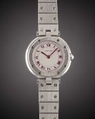 A FINE LADIES PLATINUM CARTIER SANTOS RONDE BRACELET WATCH CIRCA 1990s, GUILLOCHE DIAL WITH RED