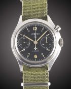 A GENTLEMAN'S STAINLESS STEEL BRITISH MILITARY LEMANIA SINGLE BUTTON ROYAL NAVY CHRONOGRAPH WRIST