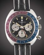 A GENTLEMAN'S STAINLESS STEEL NIVADA GRENCHEN GMT CHRONOGRAPH WRIST WATCH DATED 1971, REF. 85009