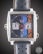 A GENTLEMAN'S STAINLESS STEEL TAG HEUER MONACO GULF AUTOMATIC CHRONOGRAPH WRIST WATCH CIRCA 2018,