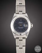 A LADIES STAINLESS STEEL ROLEX OYSTER PERPETUAL DATE BRACELET WATCH CIRCA 1999, REF. 79160 WITH BLUE