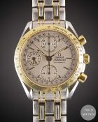 A GENTLEMAN'S STEEL & GOLD OMEGA SPEEDMASTER AUTOMATIC TRIPLE CALENDAR CHRONOGRAPH BRACELET WATCH
