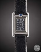 A LADIES STAINLESS STEEL CARTIER TANK BASCULANTE WRIST WATCH CIRCA 2000, REF. 2386 WITH SPECIAL