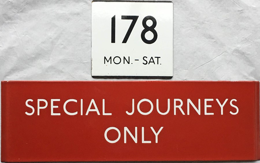 London Transport bus stop enamel E-PLATE for route 178 Mon-Sat and G-PLATE 'Special Journeys