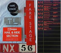 Box of London bus SIGNS & PLATES comprising bus stop Fare Stage enamel signs (1960s & 1970s