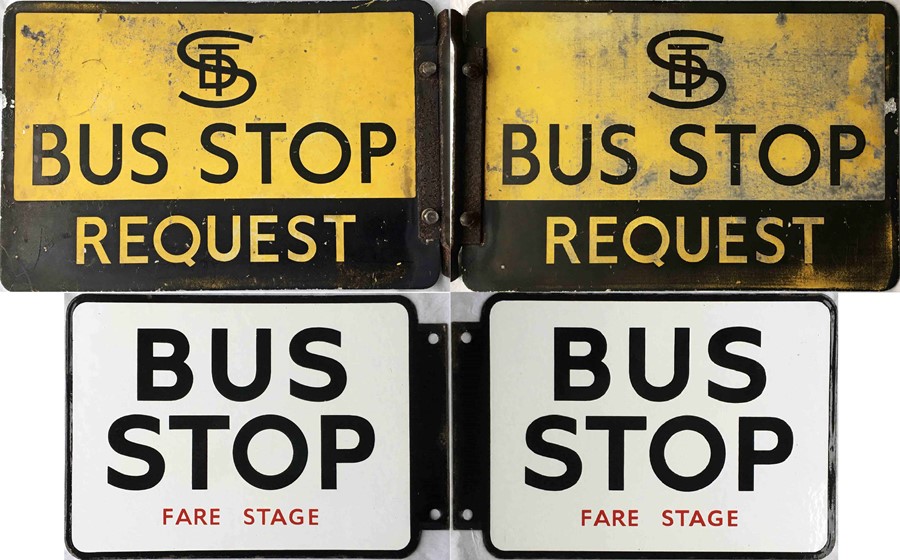 Pair of BUS STOP FLAGS, both double-sided, the first an alloy 'STD Bus Stop Request' (operator