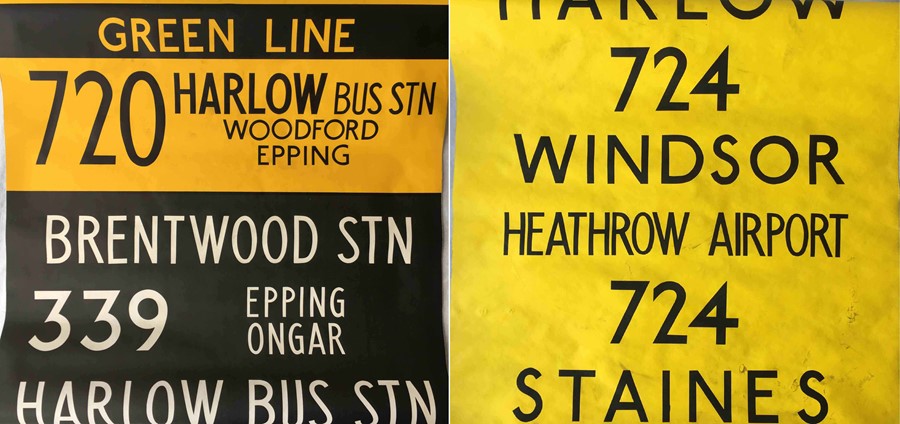 Pair of London Country DESTINATION BLINDS for RF, RP etc-type Green Line coaches at Harlow (HA)