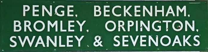 Southern Electric enamel STATION SIGN 'Penge, Beckenham, Bromley, Orpington, Swanley & Sevenoaks'.
