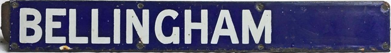 Southern Railway enamel INDICATOR BOARD PLATE 'Bellingham' mounted on its original wooden tumbler.