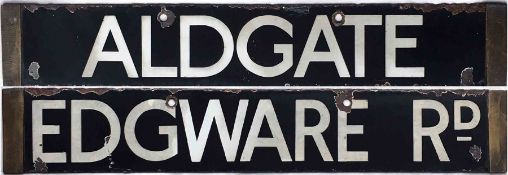 London Underground enamel O/P/Q-Stock CAB DESTINATION PLATE 'Aldgate / Edgware Rd' from the