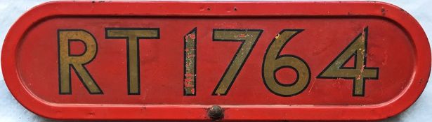 London Transport RT-type bus BONNET FLEETNUMBER PLATE from RT 1764. The first RT 1764 entered