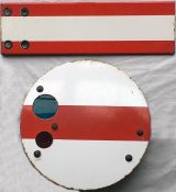Pair of railway enamel SHUNT SIGNALS, the first a disc-type, 15