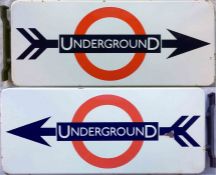 1950s London Transport ENAMEL SIGN 'UndergrounD' with a two-flighted arrow piercing the LT bullseye.