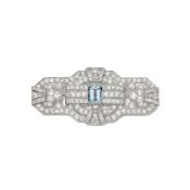 18k White Gold Aquamarine & Diamond Vintage Brooch