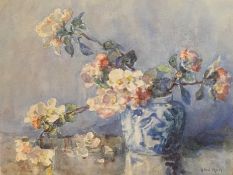 Dog Rose in Blue and white vase, watercolour by Ethel Hall (fl. 1894-1940)