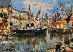 At Harbour signed oil by Hamish Lawrie, Scottish 1919 – 1987