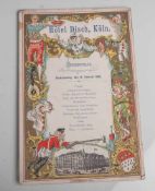 Speisekarte (1896), Köln, Hotel Disch, Rosenmontag, den 16.02.1896. Gebrauchsspuren.