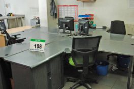 Four Grey Laminate Ergonomic Workstations, Two Grey Laminate 3-Drawer Filing Cabinets, Two Grey