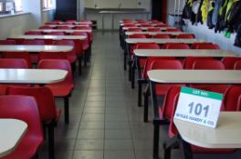 Nineteen White Laminate Canteen Tables, each 158cm x 60cm each with Six Red Plastic Fixed Bucket