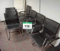 Seven Black Leatherette Upholstered Cantilever Elbow Chairs, A Black Leatherette Upholstered