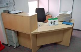 A Light Oak Effect 4-Piece Reception Right Angled Workstation, A Cherry Effect 3-Drawer Filing