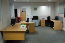 Five Light Oak Effect Ergonomic Workstations, Six Light Oak Effect 3-Drawer Filing Cabinets, Three