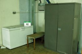 A Grey Steel 2-Door Cupboard, An Approx. 100cm x 46cm Steel Framed Bench/Low Table and A White