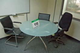 A 110cm dia. Glass Topped Circular Table, Two Black Leatherette Upholstered Cantilever Elbow Chairs,