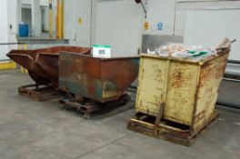 Three Badly Dented Steel Forklift Tipping Skips