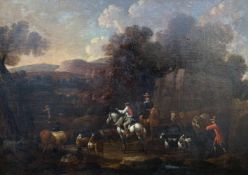 Unbekannter Maler, Landschaft mit Kuhhirten, Reitern und verschiedenen Tieren / Landscape with
