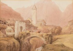 Attributed to William Delamotte [1775-1863]- Valley scene with chapel, St Gothards, Switzerland,