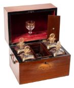 A Victorian mahogany chequer strung and inlaid travelling decanter box: of rectangular outline,