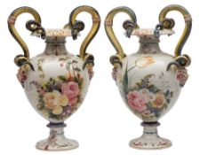 A pair of large Italian Le Nove faience two-handled baluster vases: each with double serpent and