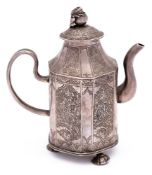 A Chinese silver wine ewer and cover, bears indistinct mark to the cover: of hexagonal outline,