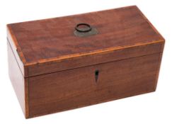 A Georgian mahogany and crossbanded three-division tea caddy: of rectangular outline,