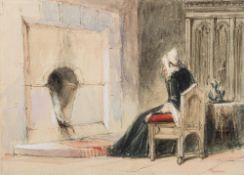 Attributed to Alfred Gomersal Vickers [1810-1837]- Figure seated by a chimney at Haddon Hall,
