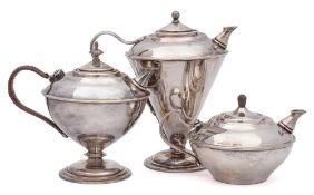 A Benson matched three-piece silver plated tea service: of conical tapering form,32cm, 18cm,
