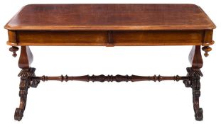 A Victorian rosewood rectangular library table:, the top with rounded corners and a moulded edge,