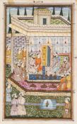 Three double sided Mughal paintings: two depicting tiger hunts, the third a temple scene,