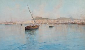 Oscar Ricciardi [1864-1935]- Fishermen and shipping in a busy Italian bay,