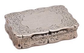 A Victorian silver snuff box, maker Frederick Marson, Birmingham, 1856: inscribed,