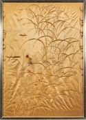 A pair of Japanese gilt embroidered panels: depicting finches amidst flowers and grasses,