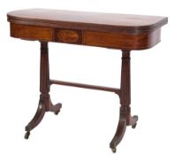 A Regency mahogany, rosewood crossbanded and inlaid card table:, of D-shaped outline,